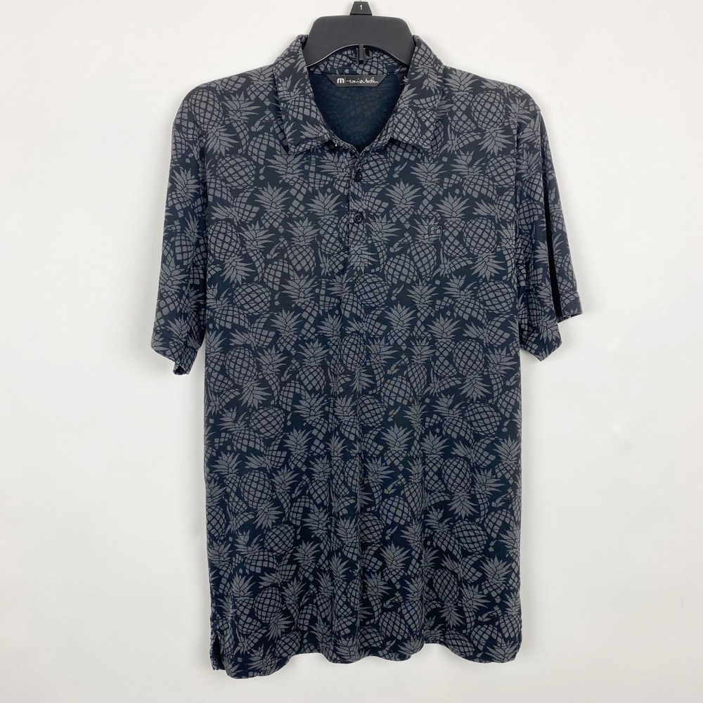 Travis Mathew Pineapple Print Pima Cotton Blend Polo Shirt Mens Large Grey Black